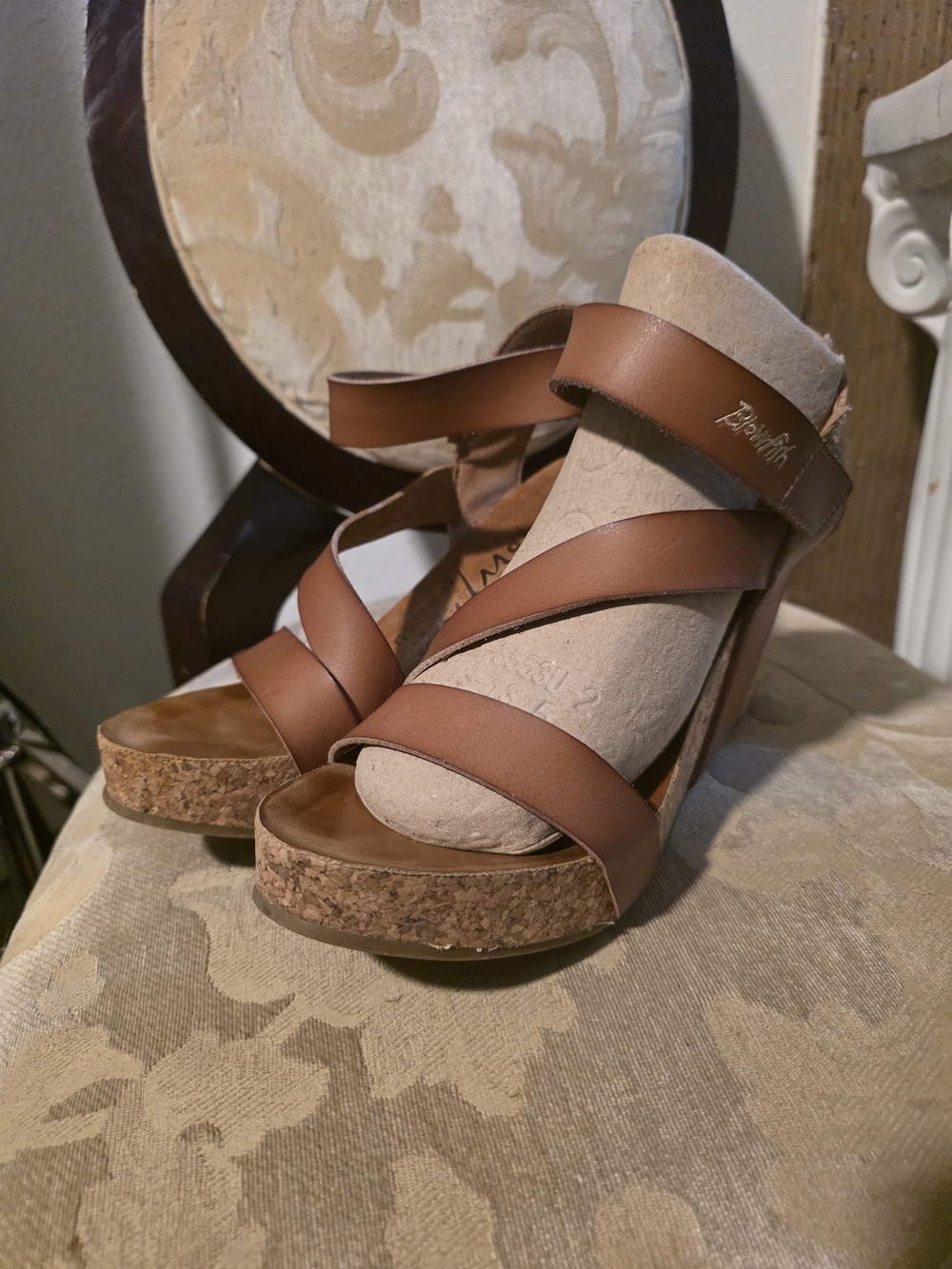 Women's Tan Strappy Cork Wedge Sandals